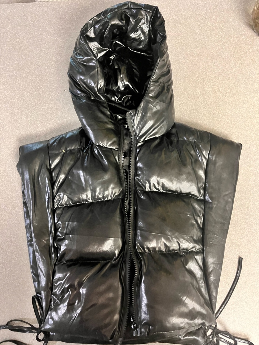 Mystic Black Shiny Quilted Hooded Puffer Vest
